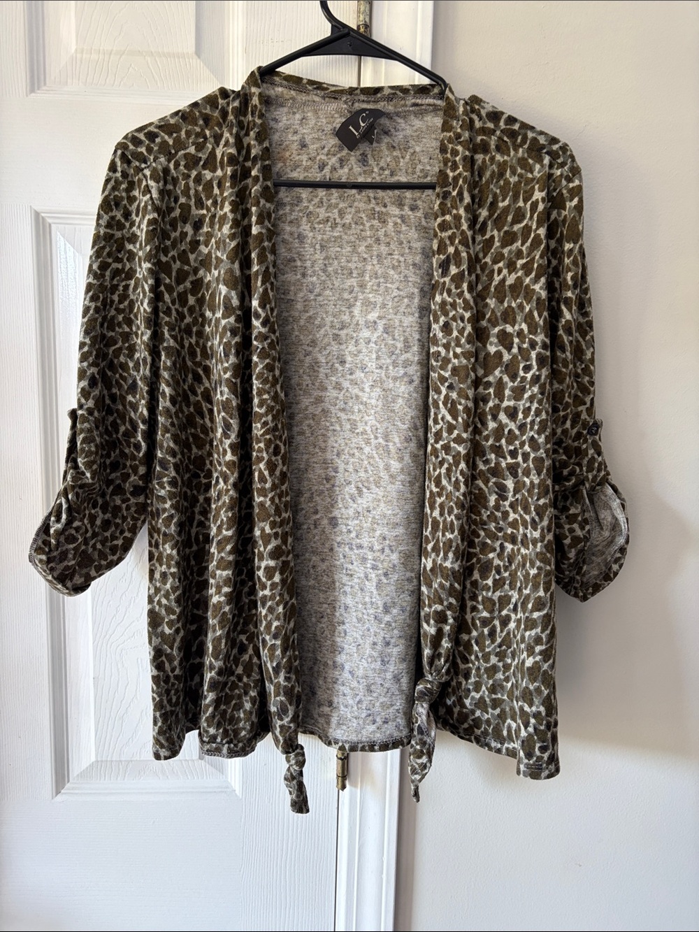 LC Lauren Conrad Olive Leopard Print Open-Front Cardigan
